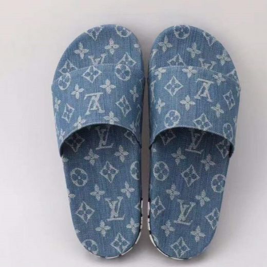 Louis Vuitton Monogram Flower Pattern LV Logo Detail Men's Latest Style Demin Blue Fabric Flat Mules Male Slides Online