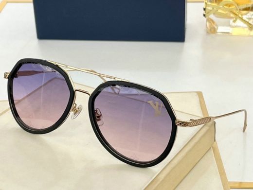 Women's Two Bridges Black Rim Round Purple & Pink Gradient Lenses Gold Thin Temples - High-end  LV Pilot Sunglasses