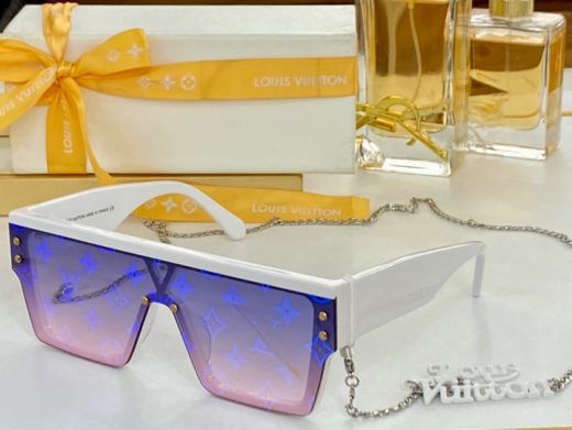 Female White Temples Blue & Purple Gradient Lenses Detachable Silver Chain Brand Charm - Hot Sale  LV Mask Sunglasses