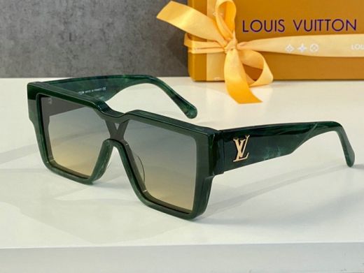 Marbled Green Frame Blue & Yellow Gradient Lens Gold LV Initials Detail - Unisex  LV Clash Mask Sunglasses