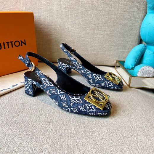 Popular Louis Vuitton Slingback 1854 Golden LV Accessory Blue Jacquard Textile Mid Heel Pumps For Ladies