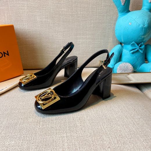 Women's Fashion Louis Vuitton Madeleine Square Gold Plated LV Signature Block High Heeled Slingback Black Patent Leather Pumps