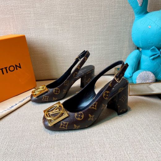 Hot Selling Louis Vuitton Madeleine Patent Monogram Canvas Yellow Gold LV Accessory Female Slingback High Heel Pump Brown