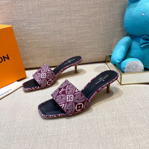 Chic Louis Vuitton 1854 Revival Women Kitten Heel Square Toe Red Jacquard Fabric Mules For Sale 