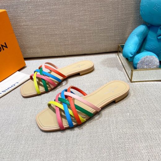  Cheapest Louis Vuitton Cross Straps Design Female Square Toe High End Colorful Flat Slippers For Ladies