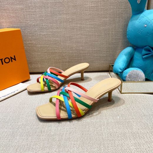 Hot Selling Louis Vuitton Female Square Toe Kitten Heel Colorful Leather Bands  Mules Sale Online 