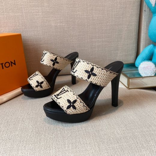 2021 Latest Louis Vuitton Classic Monogram LV Embroidery Women Double Wide Bands High Heeled Mules Online