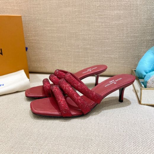  Louis Vuitton Square Toe LV Monogram Brand Logo Crystal Patch Decorated Sole Comfortable Leather Lining Glossy Red Slippers For Ladies 