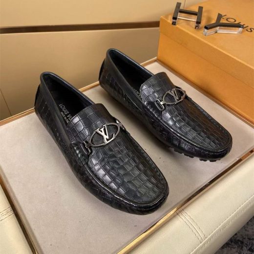 Louis Vuitton Fashion Black Crocodile Grain Leather Classic Silver LV Circle Stud Male Soft Sole  Mocassins/Loafers