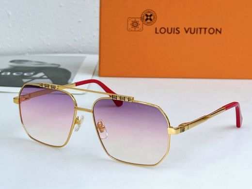 Female  Louis Vuitton Purple Gradient Butterfly Lens Gold Frame Red Tip Damier Pattern Temple Pilot Sunglasses