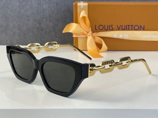 Women's Acetate Material Engraved Monogram Pattern Gold Chain Link Temples Black lenses & Frame -  LV Edge Sunglasses