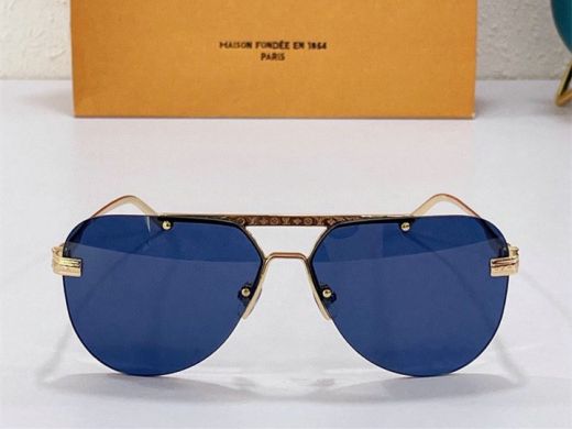 Large Blue Lens Delicate Slim Gold Frame Temple Monogram Detail Engraving - Knockoff Louis Vuitton Aviator Sunglasses