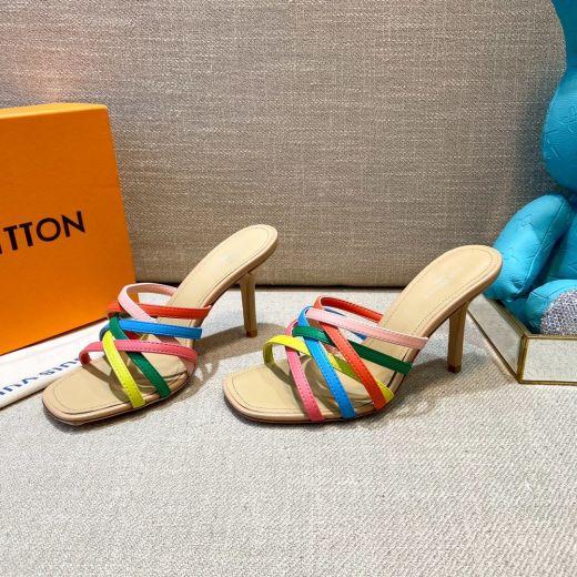 Fashion Louis Vuitton Classic Colorful Braided Straps Female High Heel Square Toe Leather Sandles / Slippers