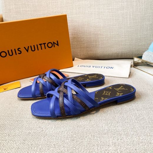 2021 Latest Louis Vuitton Braided Straps Design Blue Leather & Brown Monogram Canvas Female Flat Mules UK