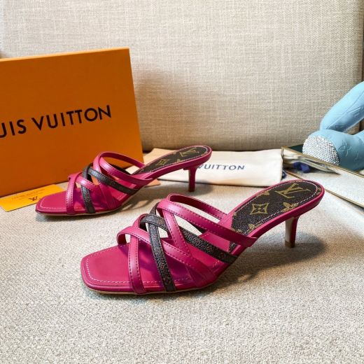 Chic Louis Vuitton Women Mid Heel High End Leather & Monogram Canvas Crossed Straps Summer Slides USA