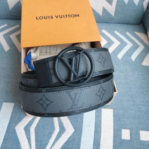  Louis Vuitton M0286 Grey Monogram Black Calfskin Leather Trim Round Buckle Brand Mark Unisex Square Belt 