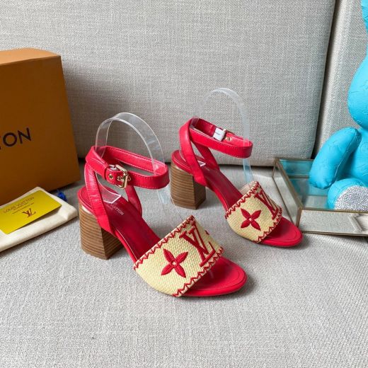 Celebrity Design Louis Vuitton Female Red Leather & Apricot Fabric LV & Monogram Pattern Stiletto Heels Sandals