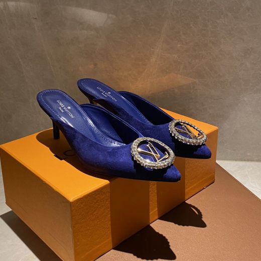 Classic Cusp Toe Blue Soft Leather Vamp Decorated LV Lettering & Diamonds 5CM High Heel -  Louis Vuitton Women Slippers