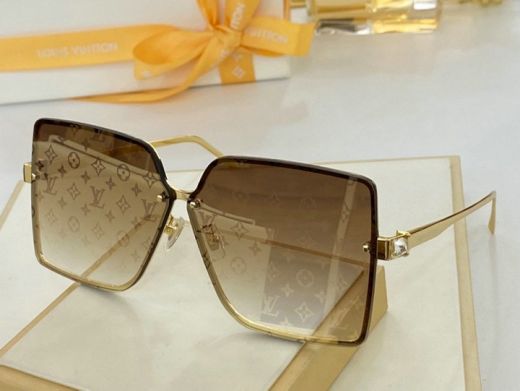  Ladies' LV Oversized Square Monogram Printed Amber Lens Diamond Inlaid Lock Gold Slim Frame & Temple Sunglasses