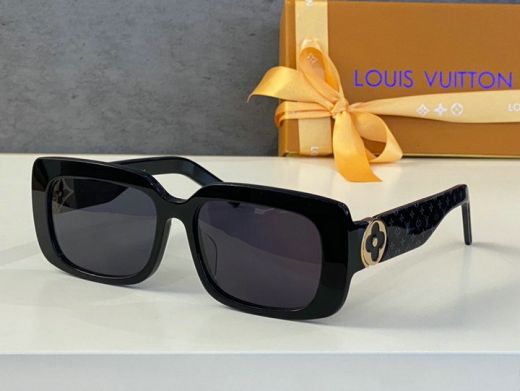 Women's Knockoff Louis Vuitton Grey Lens Rectangular Black Frame Monogram Print Gold Flower & Star Temple Sunglasses