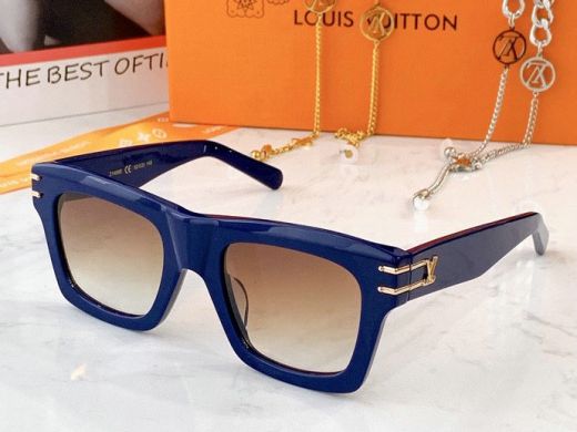 Dark Blue Square Frame Brown Gradient Lens Two Bars & LV Initials Hardware - Fine Unisex  Louis Vuitton Sunglasses