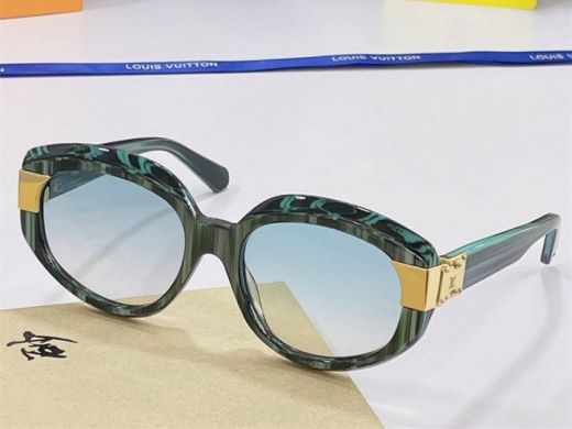 Antique Green Wood Grain Frame Sky Blue Gradient Oval Lens Gold Lock -  Louis Vuitton Acetate Charade Sunglasses