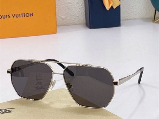 Men's  Louis Vuitton Aviator Grey Lens Silver Thin Frame Double Bridge Damier Pattern Decorative Temple Sunglasses