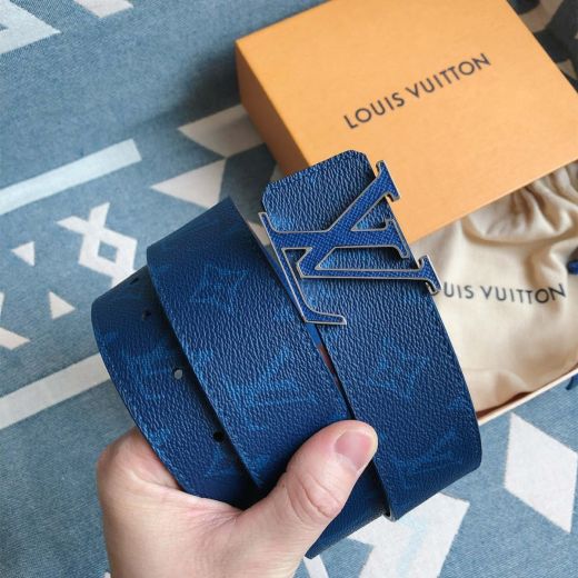  Louis Vuitton 40MM Blue Monogram Strap Textured Detail LV Logo Buckle Silver Trim Women Reversible Beltsash