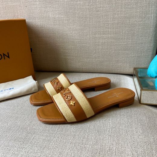 Fashion Trends Louis Vuitton Revival Tan Leather & Fabric Yellow Gold Monogram Studs Women Flat Mules For Sale