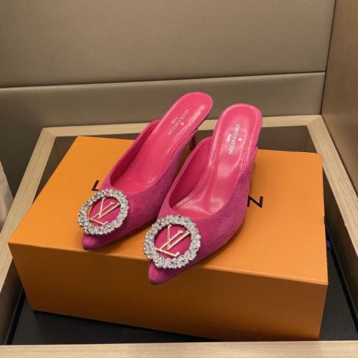 Hot Selling Irregular Diamonds LV Signature Pink Suede Upper Cusp Toe Heeled Slippers -  Louis Vuitton Women Shoes
