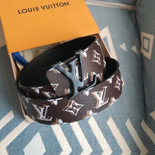 Louis Vuitton Initiales Brown Textured-Leather Strap Decorated Double Layer Monogram Black Pin Buckle Female 40MM Belt 