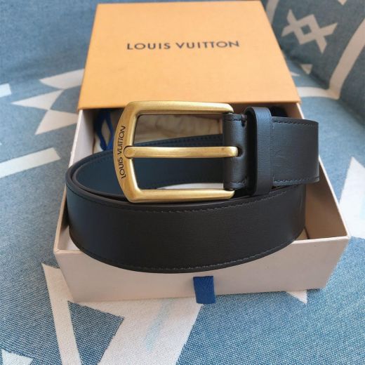  Louis Vuitton M9082 Black Calfskin Leather Strap Brass Pin Buckle End Decorated Metal Detail Unisex 40MM Belt