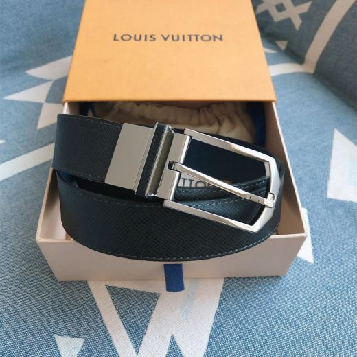  Louis Vuitton 35MM Silver Reversible Buckle Belt Loop Black Textured-Leather Strap Dark Blue Verso Side Unisex Beltsash