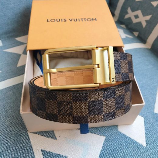  Louis Vuitton Brown-Black Damier Canvas Recto Side Apricot Leather Back Golden Pin Buckle Unisex Square Belt