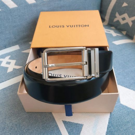  Louis Vuitton Black Cowhide Leather Apricot Tartan Back Finished Silver Buckle LV Logo Male 35MM Belt Website