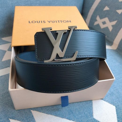 Top Sale 40MM Black Calfskin Leather Textured Detail Finished Silver LV Buckle Initiales -  Louis Vuitton Neutral Square Beltsash