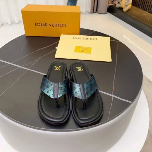 Summer Hot Selling Men's LV Shiny Leather Classic Monogram Logo Embossings Black Rubber Sole Flip Flop/Thong Sandals