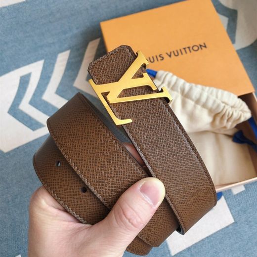Low Price Brown Calfskin Leather Waistband Stitched Edges Yellow LV Buckle -  Louis Vuitton Square Belt For Ladies