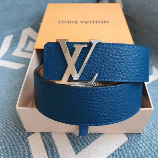Vintage 40MM Reversible Blue Cowhide Textured-Leather Polishing LV Pin Buckle Initiales M0027 -  Louis Vuitton Ladies Belt 