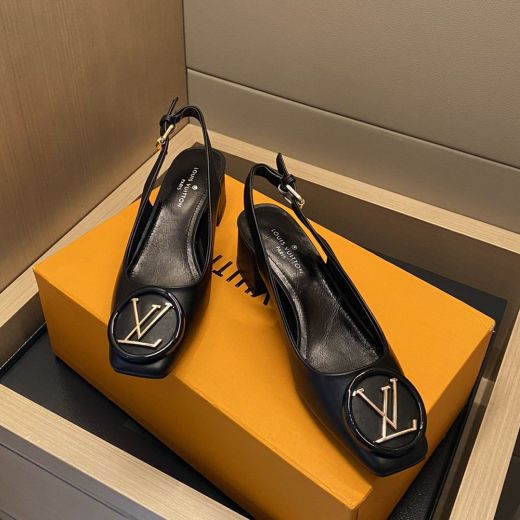  Louis Vuitton Metal LV Mark White Glossy Vamp Soft Leather Insole Ladies Exposed Heel Shoes Selling Online
