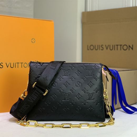Cheapest Adjustable Golden Chain 3 Inside Compartments Monogram Embossing Black Leather Coussin PM - Women's  Louis Vuitton Handbag