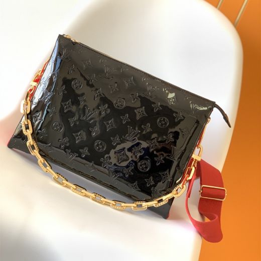Louis Vuitton Coussin PM Yellow Gold Chain Monogram Pattern Zipper Closure Female Black & Red Patent Leather Best Crossbody Bag