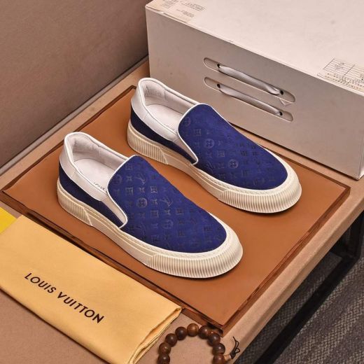 Louis Vuitton Men Classic Monogram Flower Embossing Blue Suede Leather Slip-on Sneakers Fashion Loafers