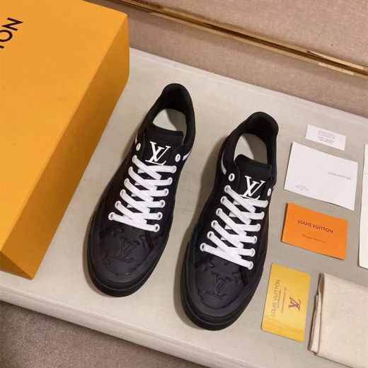 Spring Leisure Louis Vuitton Classic Monogram Flower Embossing Striped Detail Trainers Men Black Leather Lace-up Sneakers UK