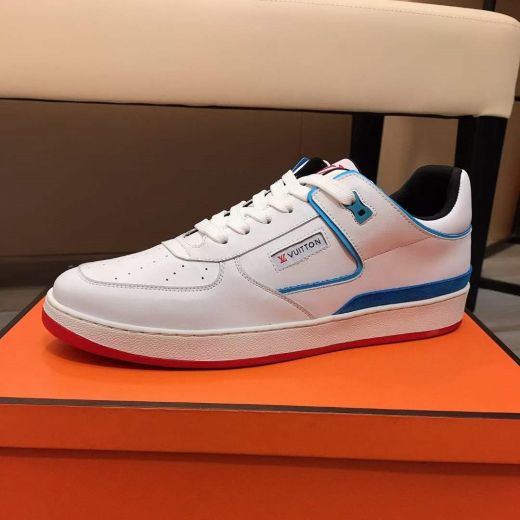 High Quality Louis Vuitton Rivoli Blue Edging Detail LV Logo Tongue  Men White Leather Lace-up Sneakers Low-top Trainers UK