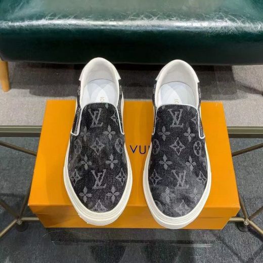 LV Waterfront Ollie Classic Monogram Flower Interlocking LV Pattern Male Slip-on Fabric Sneakers White Rubber Sole