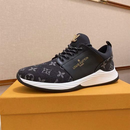 2021 Top Sale Louis Vuitton Yellow Gold LV-shaped Stud Classic Monogram Printing Black Fabric & Calfskin Leather Sneakers For Men
