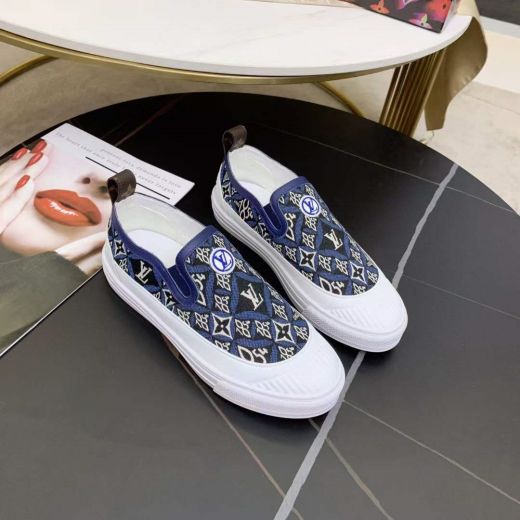 Louis Vuitton Since 1854 Women Monogram Motif Jacquard Textile  White Rubber Platform & Toe LV Initials Logo Blue Fabric Slip-on Sneakers
