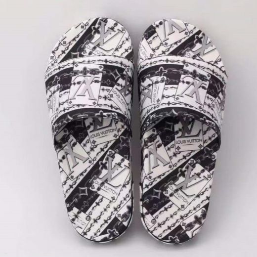 Louis Vuitton Classic LV Logo Monogram Pattern Black-White Bi-color Slippers Summer  Slides USA For Men
