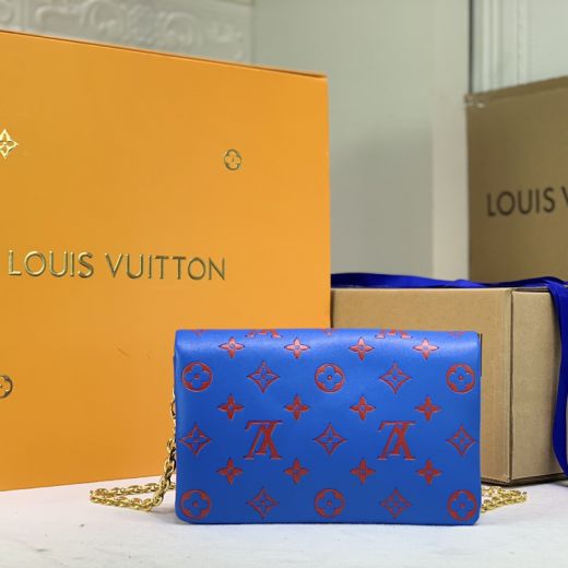  Louis Vuitton Pochette Coussin Red Monogram Printing Golden Chain Shoulder Strap Sapphire Blue Crossbody Bag For Ladies 